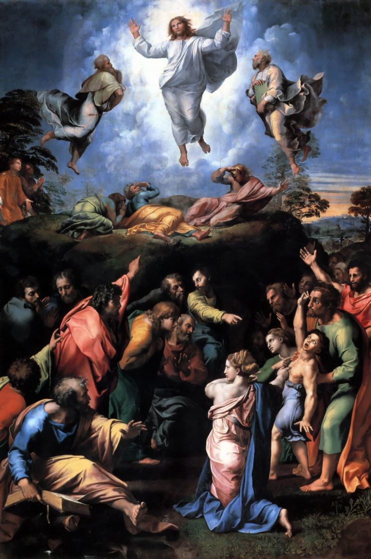 "A Transfiguração", última grande pintura de Rafael Sanzio, contrapõe Cristo envolvido pela luz no alto à multidão reunida em torno de um menino atormentado na parte inferior