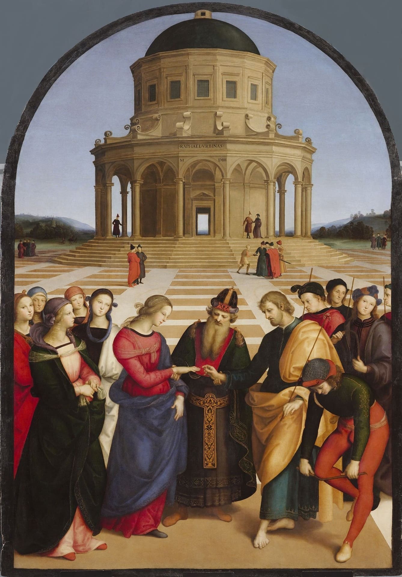 "O Casamento da Virgem", pintura de Rafael Sanzio de 1504 que representa a união de Maria e José diante de um templo renascentista monumental