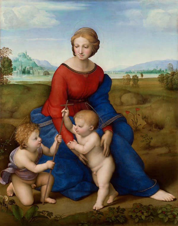 Pintada por Rafael Sanzio entre 1505 e 1506, "Madona do Prado" representa a Virgem Maria com o menino Jesus e São João Batista em uma paisagem natural