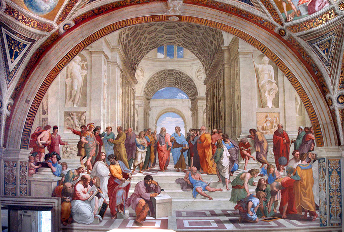 Afresco "A Escola de Atenas", pintado por Rafael Sanzio entre 1509 e 1511 no Vaticano, com filósofos como Platão e Aristóteles ao centro da composição