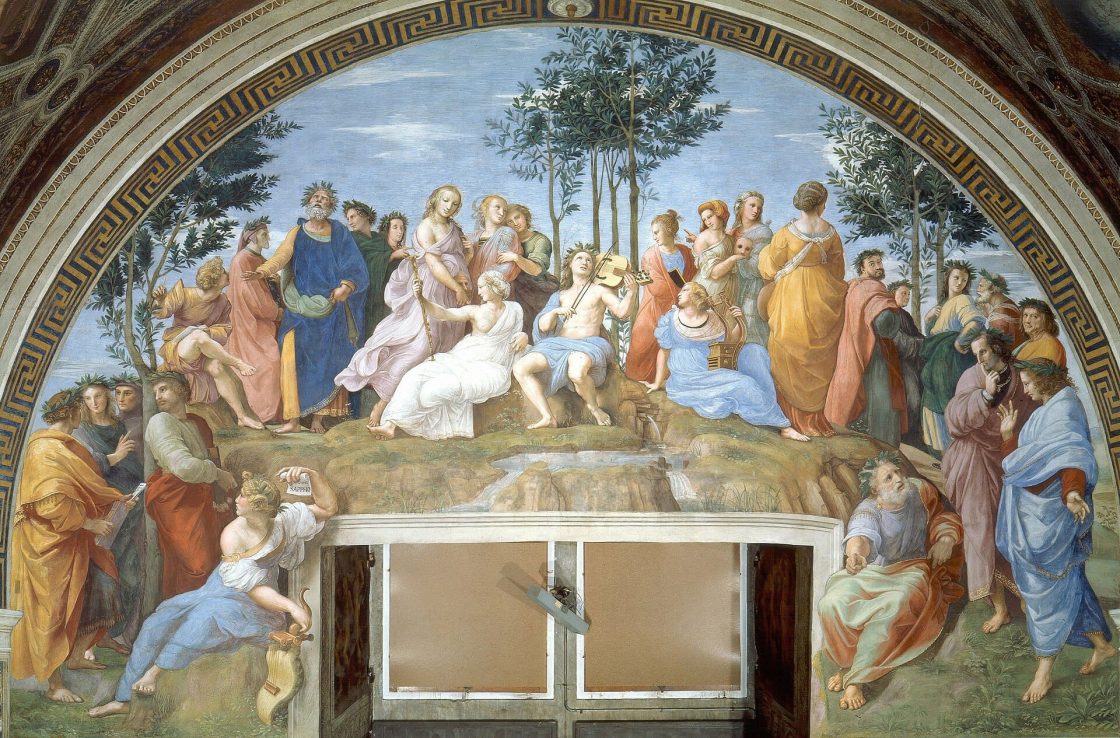 Afresco "O Parnaso", pintado por Rafael Sanzio entre 1509 e 1511 no Vaticano, com Apolo cercado pelas nove musas e por poetas como Homero, Dante e Virgílio