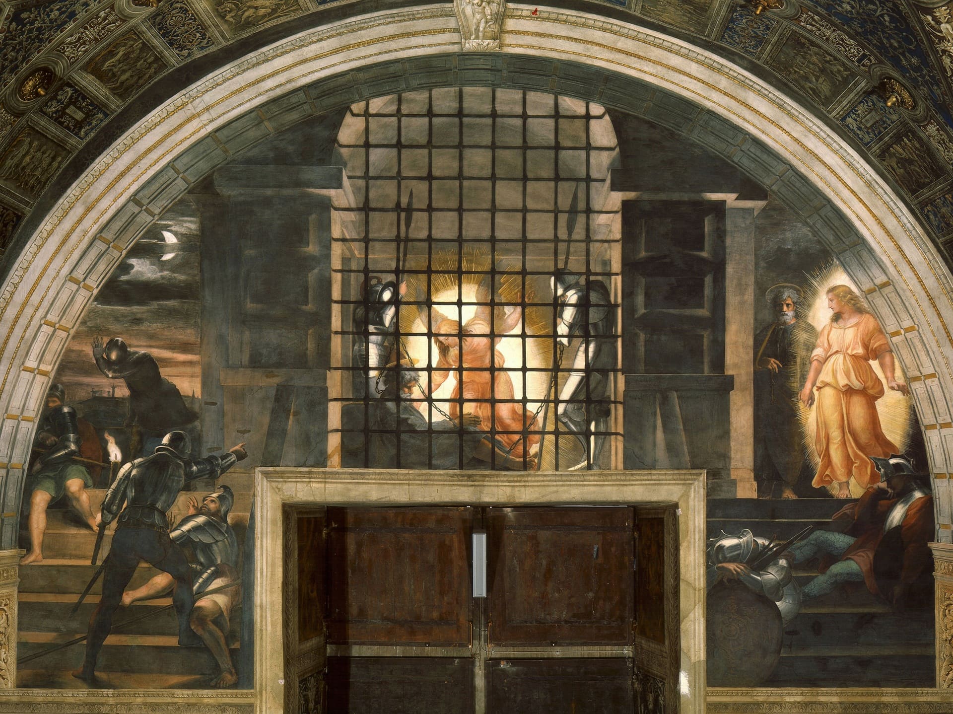Afresco "A Libertação de São Pedro", pintado entre 1513 e 1514 no Vaticano, que representa um anjo libertando o apóstolo da prisão durante a noite