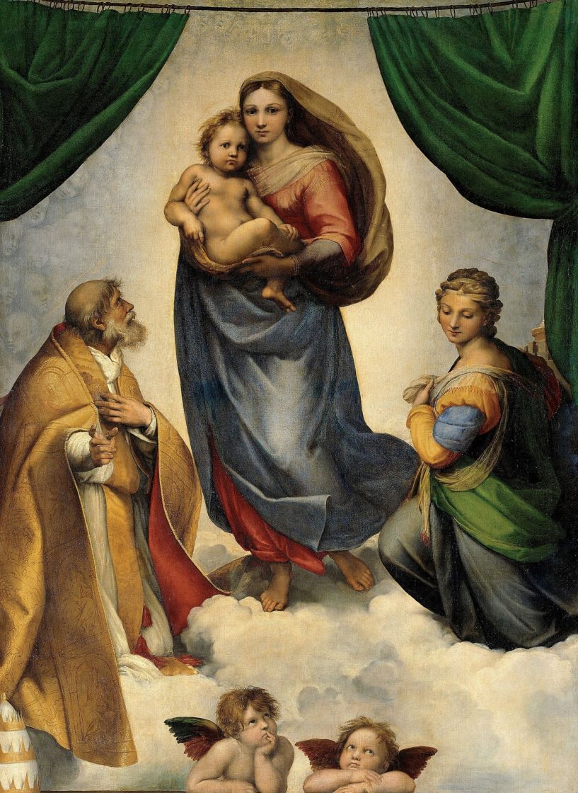 "Madona Sistina" representa a Virgem Maria com o menino Jesus, acompanhada por São Sisto, Santa Bárbara e os dois célebres anjos na parte inferior da composição